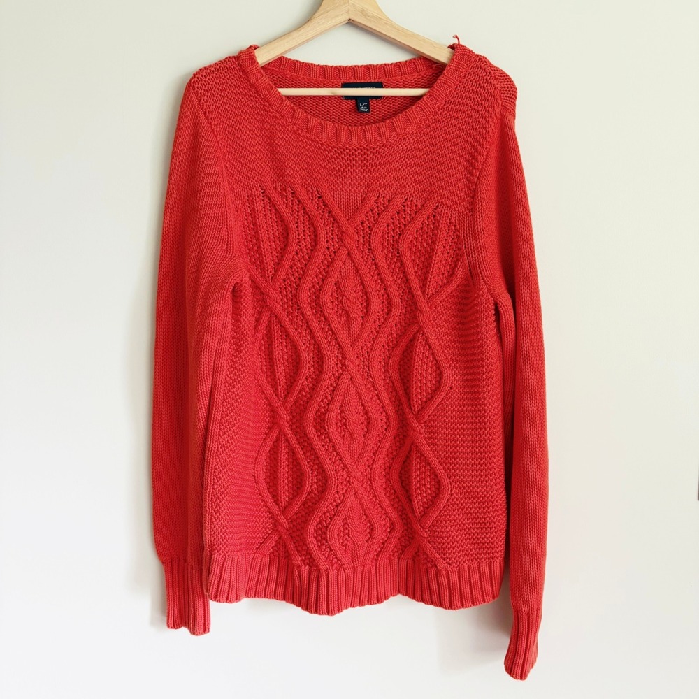 Lands End Drifter Red Cable Knit Sweater Womens Large Tall L/T Cotton Pullover